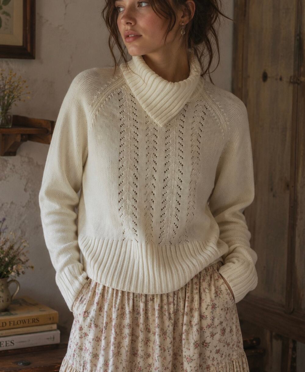Evan Picone high neck sweater pearl detail cream Cottagecore coquette feminine L